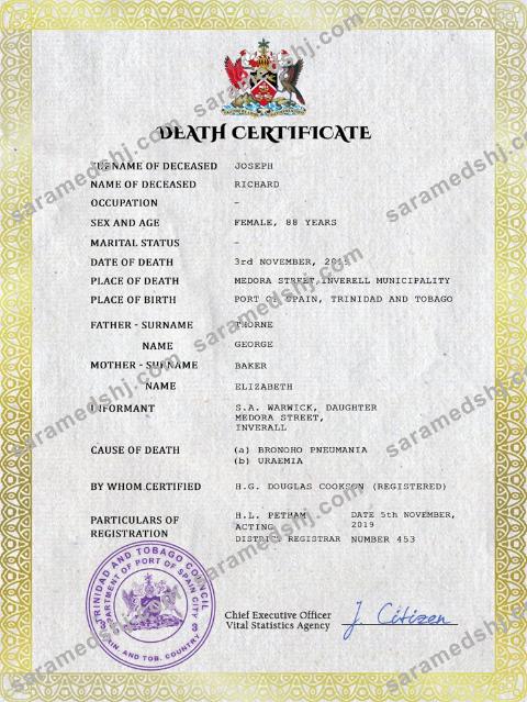 Trinidad and Tobago vital record death certificate PSD template